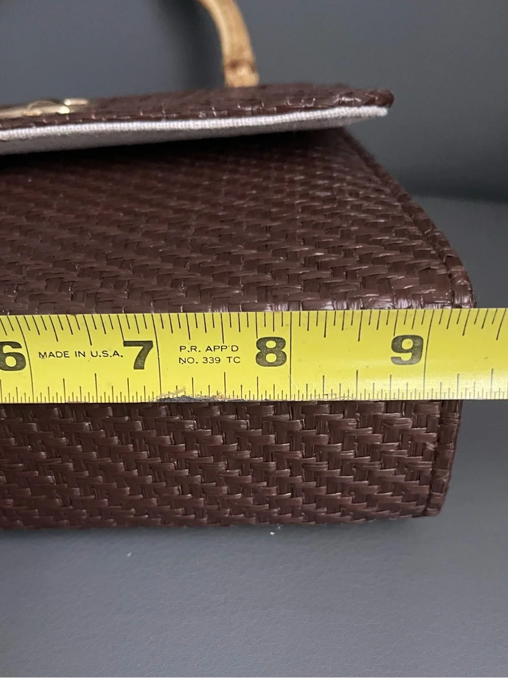 Tommy Bahama Woven Chocolate Brown Handbag  Bamboo Top Handles & GoldChain Strap